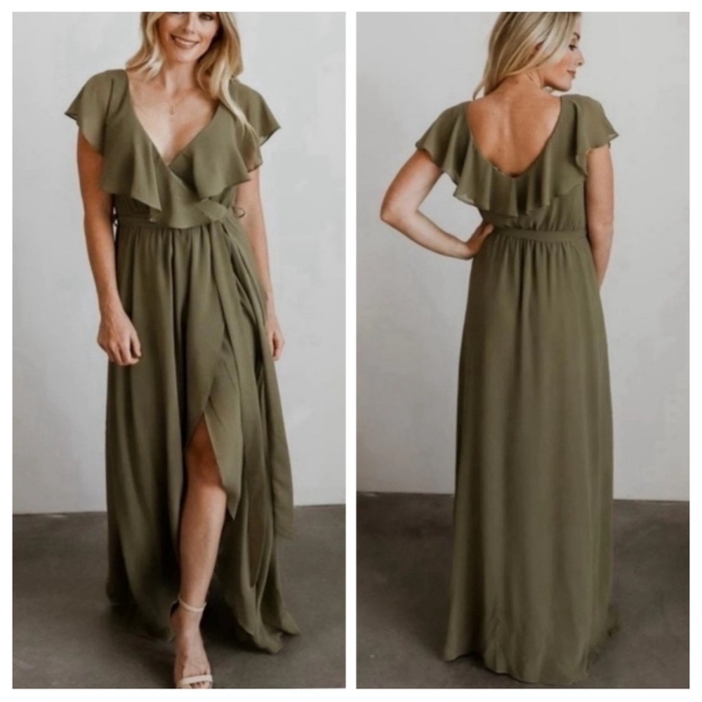 Baltic Born Womens Katya Ruffle Maxi Dress | Dusty Olive In Green XS